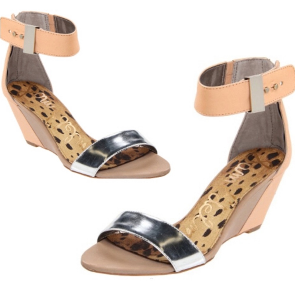 Sam Edelman |‎ Sophie Tan Silver Ankle Strap Back Zip Wedge Sandals Size 9